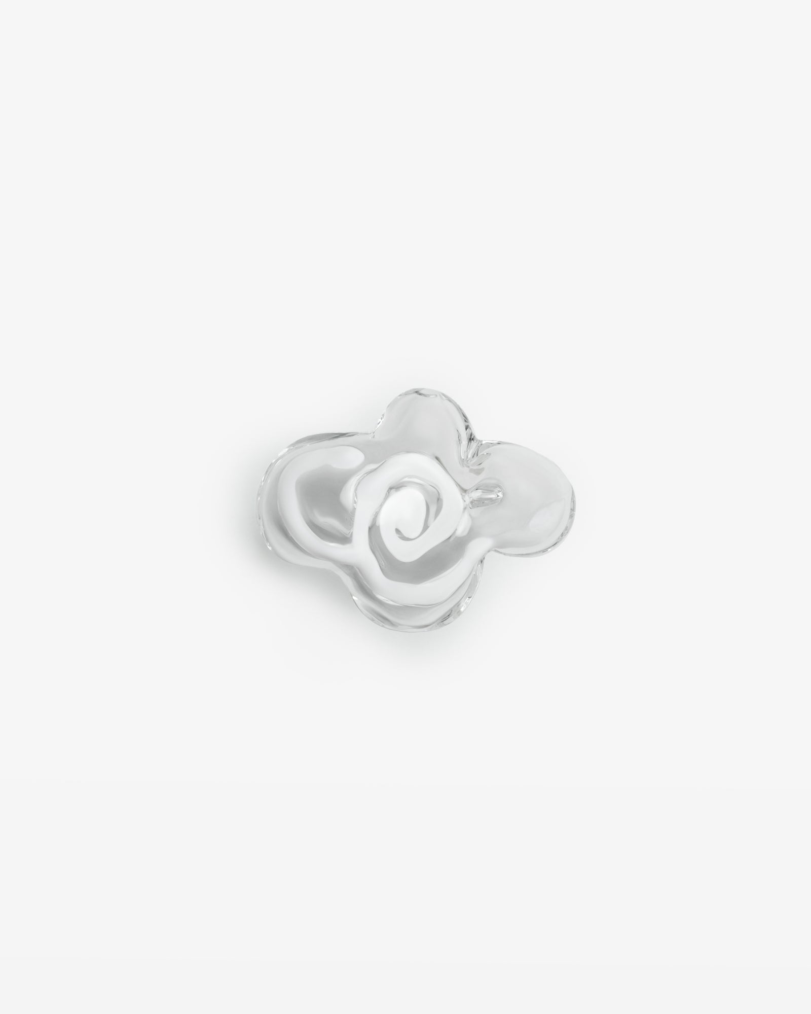 Nimbus ring featuring a cloud-shaped design in white borosilicate glass, handcrafted with a delicate spiral pattern. The transparent glass ring showcases artistic swirls and ethereal curves against a minimalist white background.